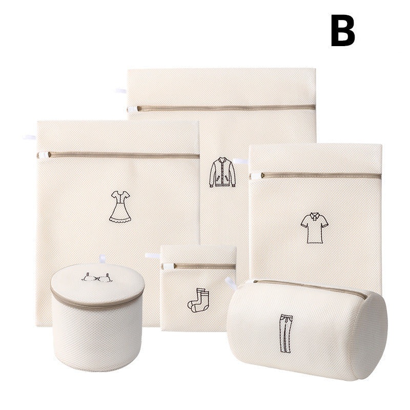Set of beige Washing Machine Clothes Bag Net with icons and a cylindrical container on a white background