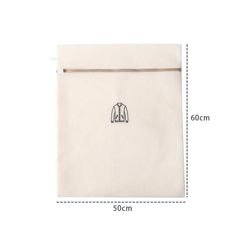 Beige garment bag with dimensions and a jacket icon on a white background