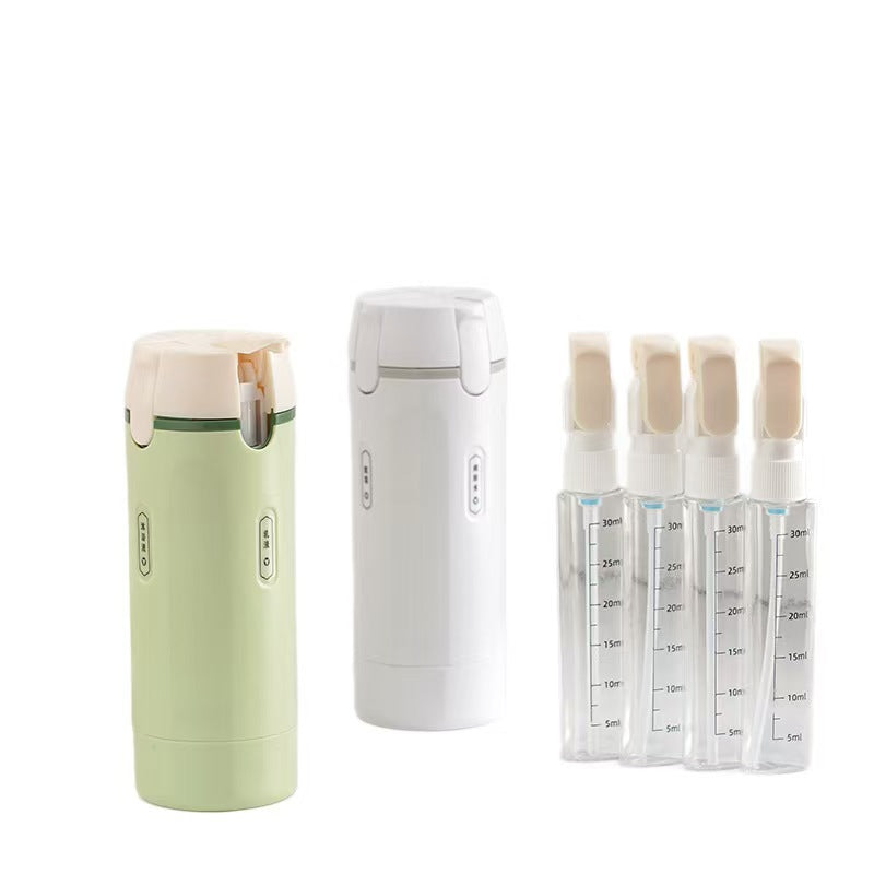 Two travel-sized containers, one green and one white, with four small bottles featuring measurement markings on a white background.