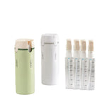 Two travel-sized containers, one green and one white, with four small bottles featuring measurement markings on a white background.