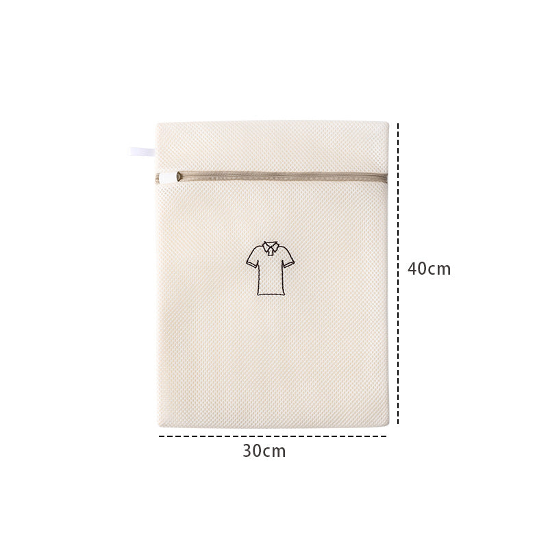 Beige laundry bag with a shirt icon and dimensions on a white background