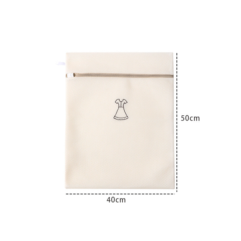 Beige laundry pouch with a dress illustration and dimensions on a white background
