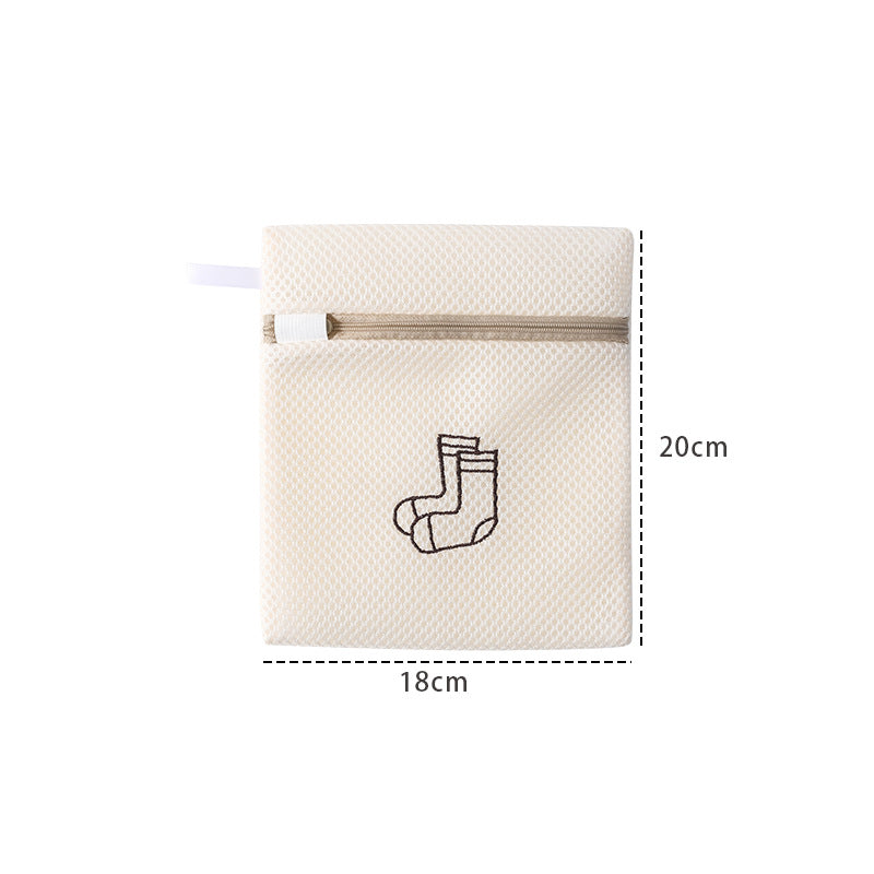 Beige laundry mesh bag featuring measurements on a white background