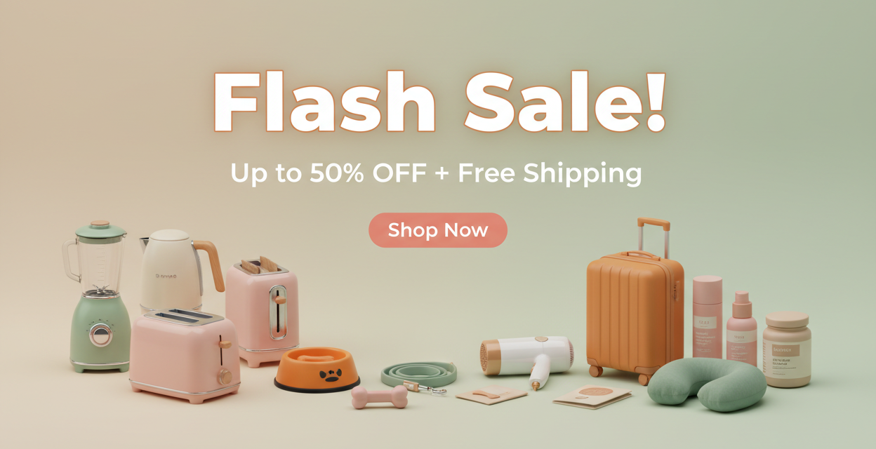 Collection of kitchen appliances and items with 'Flash Sale!' text on a beige background